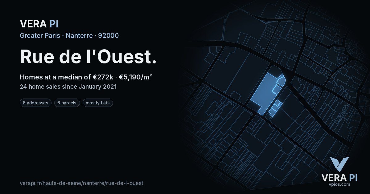 Rue de l'Ouest, Nanterre at night – every parcel coloured by the prices around it, the street's own parcels lit
