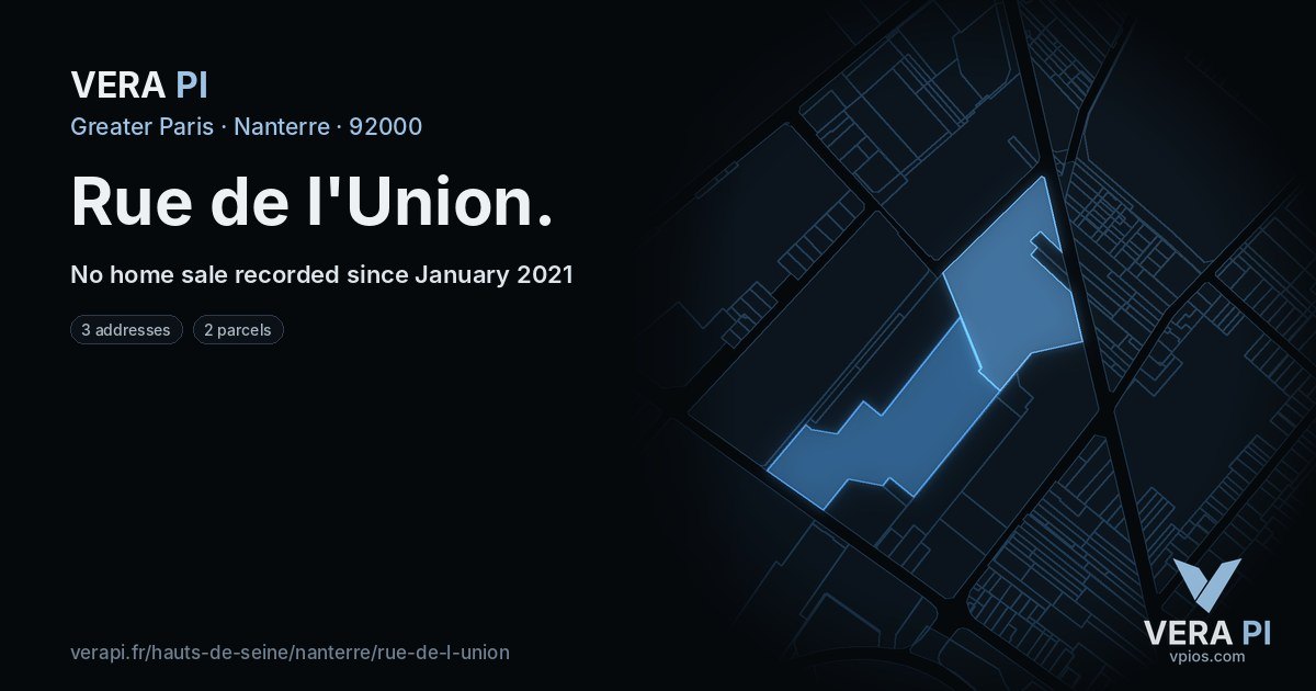Rue de l'Union, Nanterre at night – every parcel coloured by the prices around it, the street's own parcels lit