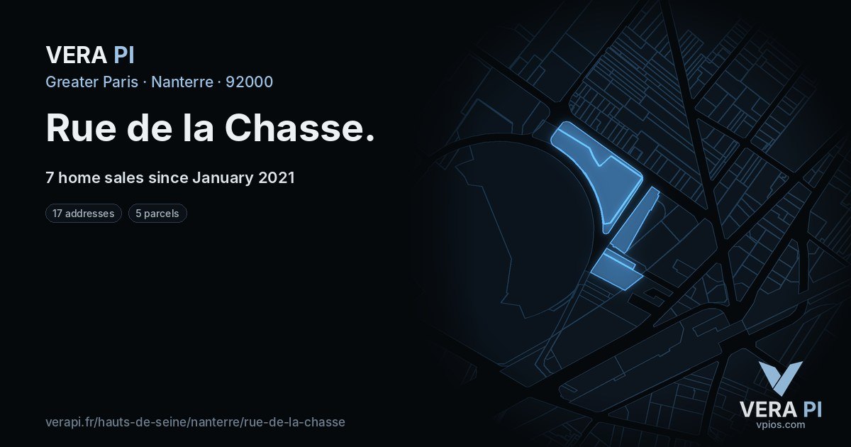 Rue de la Chasse, Nanterre at night – every parcel coloured by the prices around it, the street's own parcels lit
