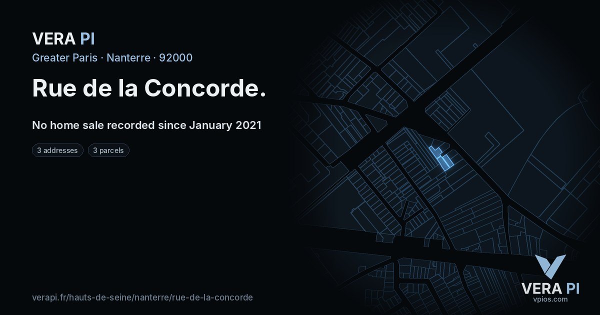Rue de la Concorde, Nanterre at night – every parcel coloured by the prices around it, the street's own parcels lit