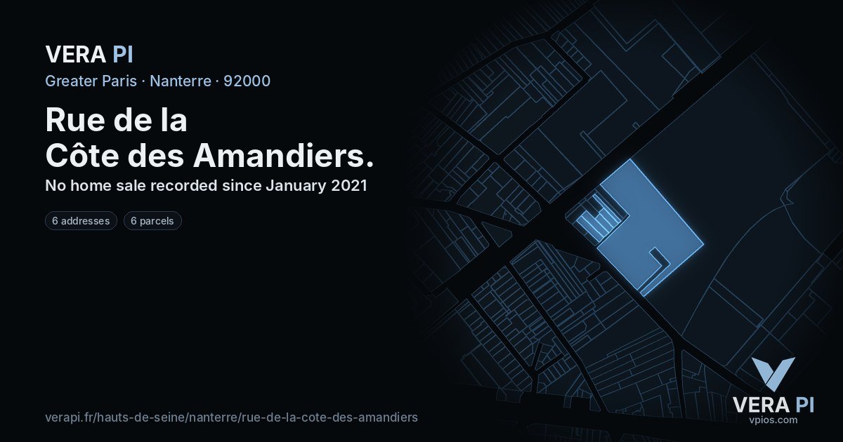 Rue de la Côte des Amandiers, Nanterre at night – every parcel coloured by the prices around it, the street's own parcels lit