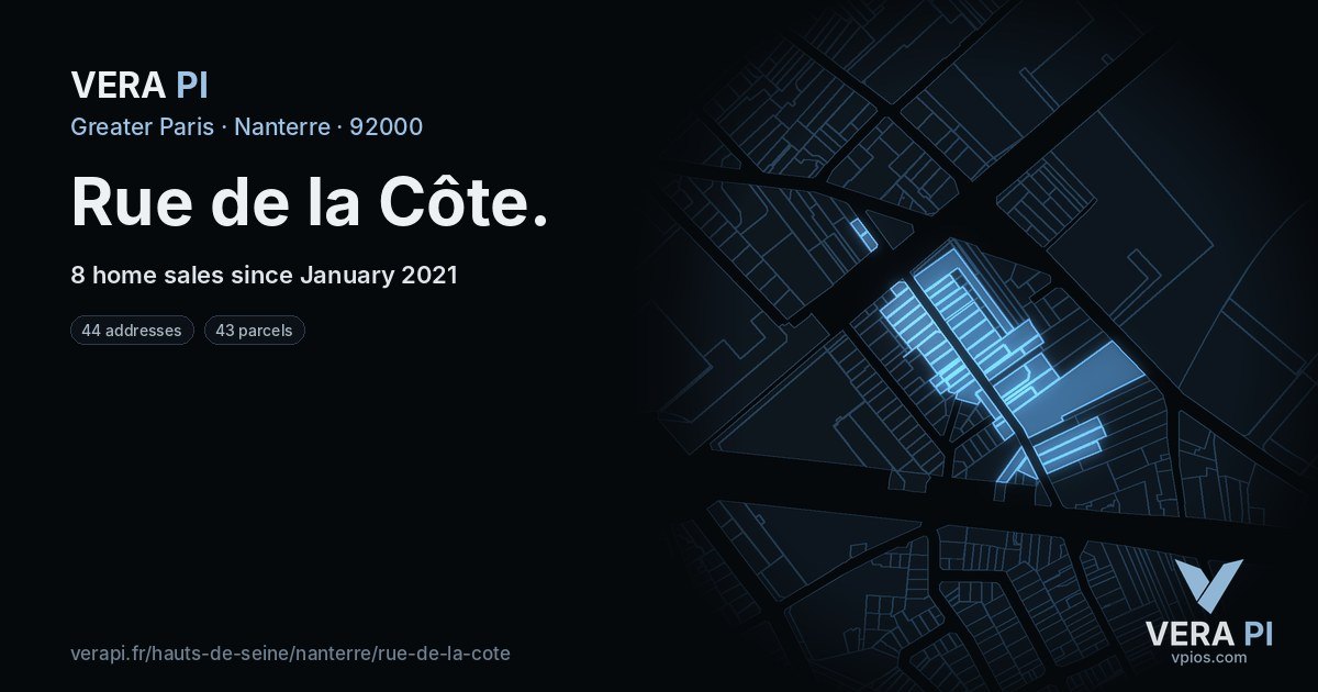 Rue de la Côte, Nanterre at night – every parcel coloured by the prices around it, the street's own parcels lit