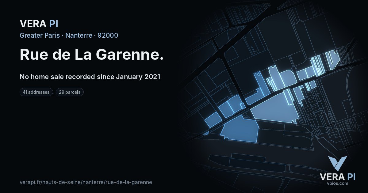 Rue de La Garenne, Nanterre at night – every parcel coloured by the prices around it, the street's own parcels lit