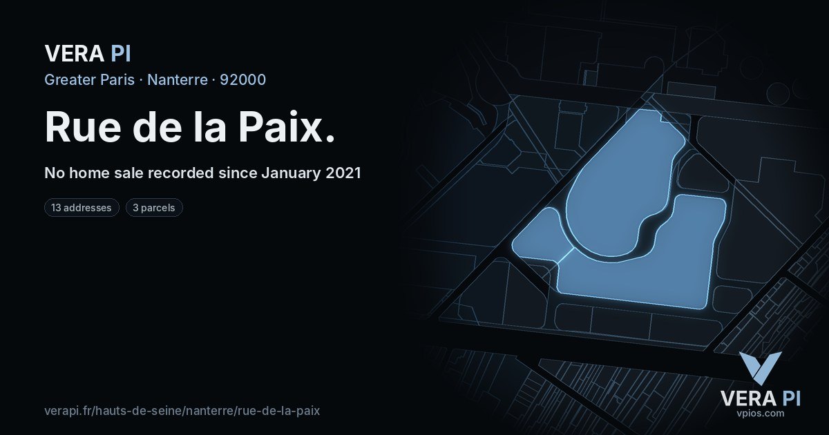 Rue de la Paix, Nanterre at night – every parcel coloured by the prices around it, the street's own parcels lit
