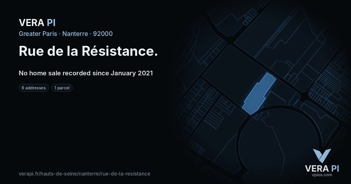 Rue de la Résistance, Nanterre at night – every parcel coloured by the prices around it, the street's own parcels lit