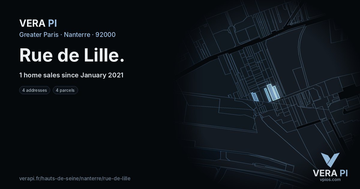 Rue de Lille, Nanterre at night – every parcel coloured by the prices around it, the street's own parcels lit