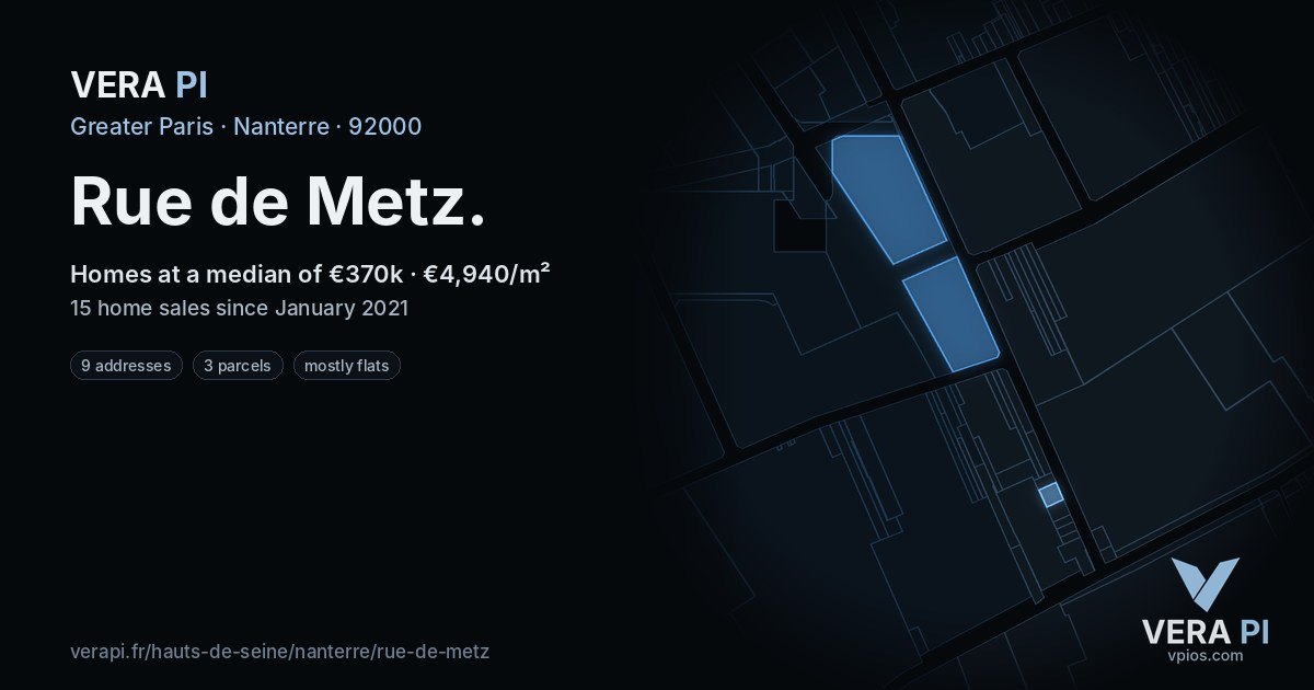 Rue de Metz, Nanterre at night – every parcel coloured by the prices around it, the street's own parcels lit
