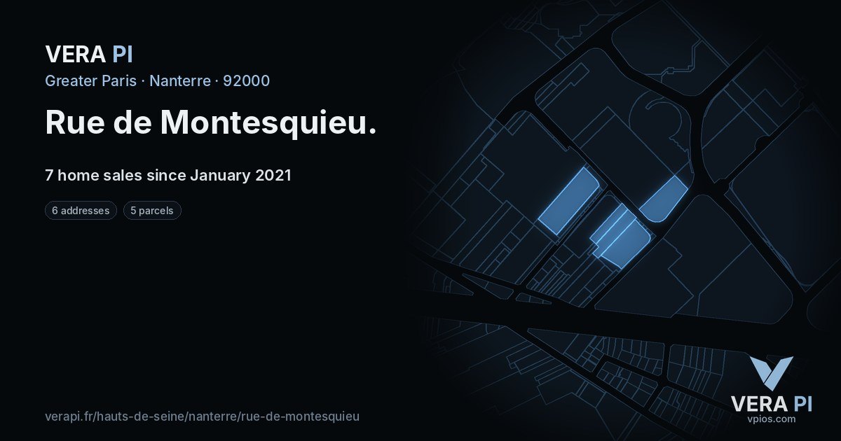 Rue de Montesquieu, Nanterre at night – every parcel coloured by the prices around it, the street's own parcels lit