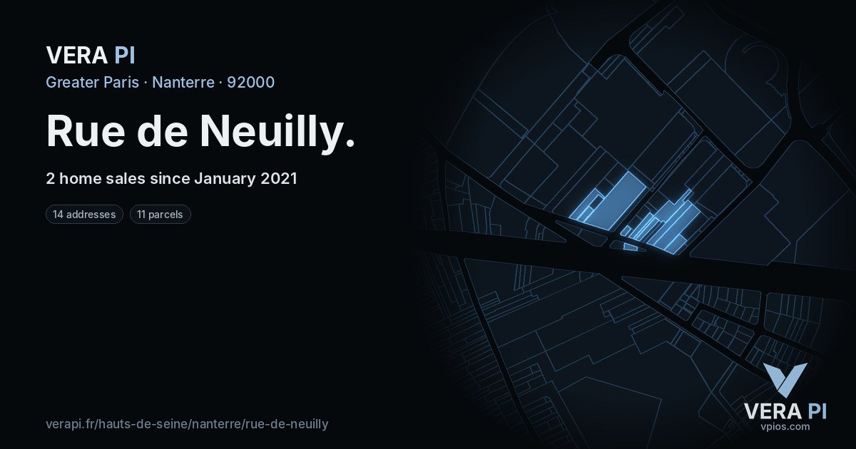 Rue de Neuilly, Nanterre at night – every parcel coloured by the prices around it, the street's own parcels lit