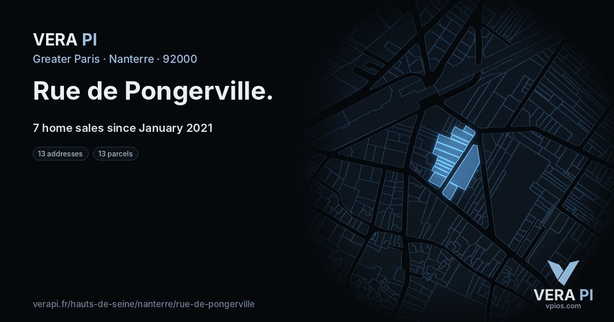 Rue de Pongerville, Nanterre at night – every parcel coloured by the prices around it, the street's own parcels lit