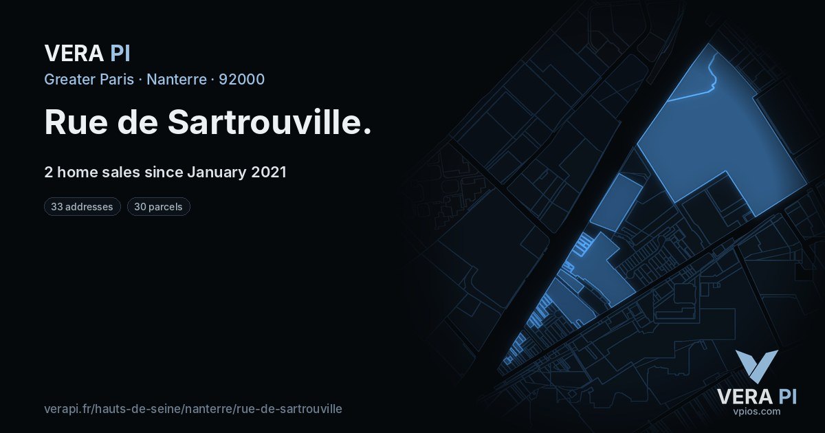 Rue de Sartrouville, Nanterre at night – every parcel coloured by the prices around it, the street's own parcels lit