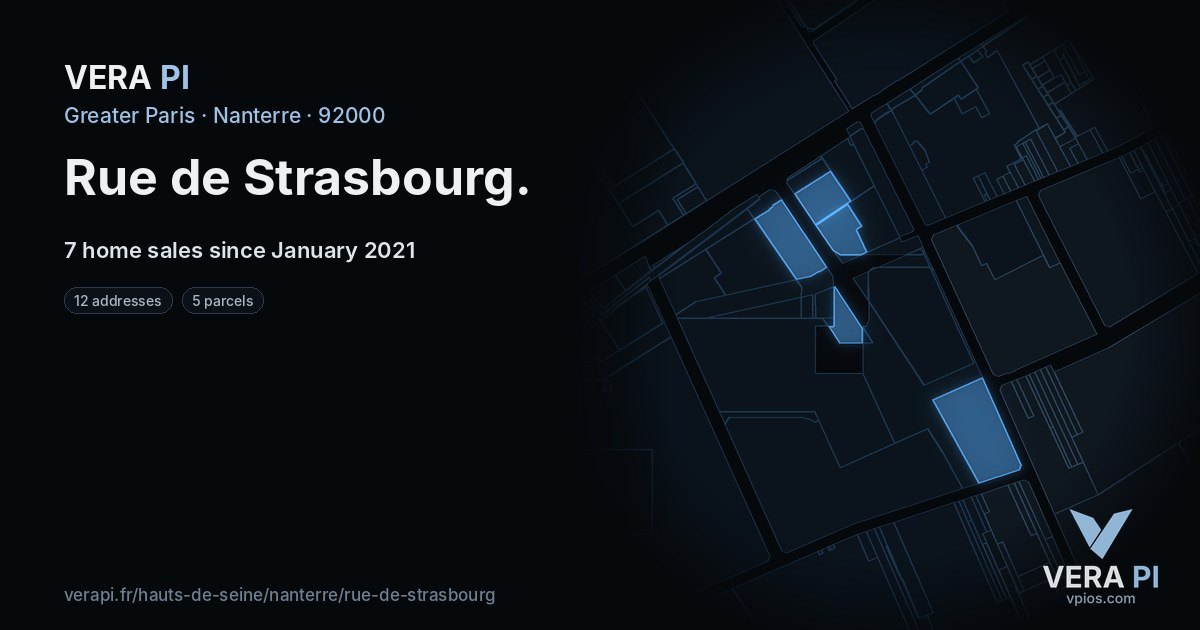 Rue de Strasbourg, Nanterre at night – every parcel coloured by the prices around it, the street's own parcels lit