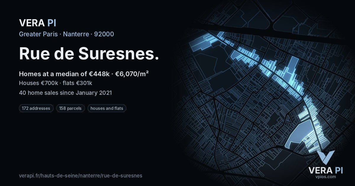 Rue de Suresnes, Nanterre at night – every parcel coloured by the prices around it, the street's own parcels lit
