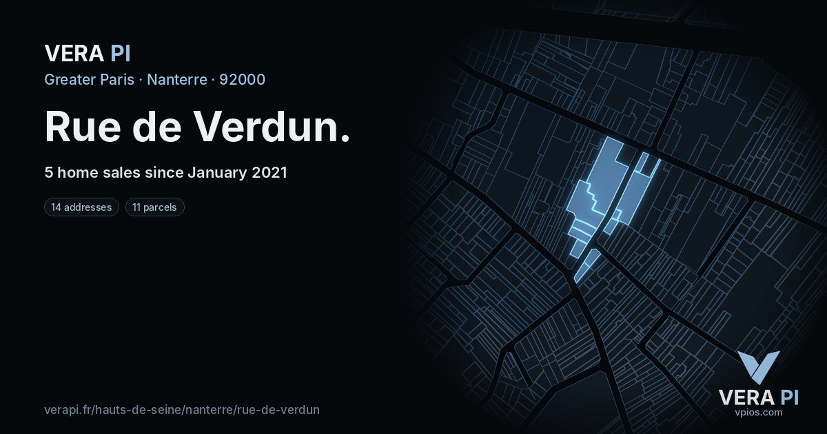 Rue de Verdun, Nanterre at night – every parcel coloured by the prices around it, the street's own parcels lit