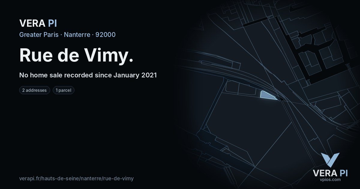 Rue de Vimy, Nanterre at night – every parcel coloured by the prices around it, the street's own parcels lit