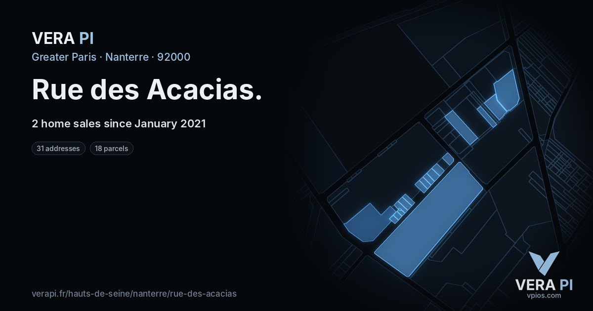 Rue des Acacias, Nanterre at night – every parcel coloured by the prices around it, the street's own parcels lit