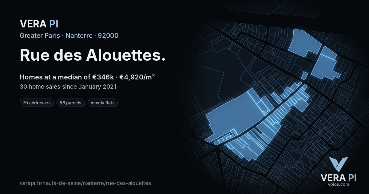 Rue des Alouettes, Nanterre at night – every parcel coloured by the prices around it, the street's own parcels lit