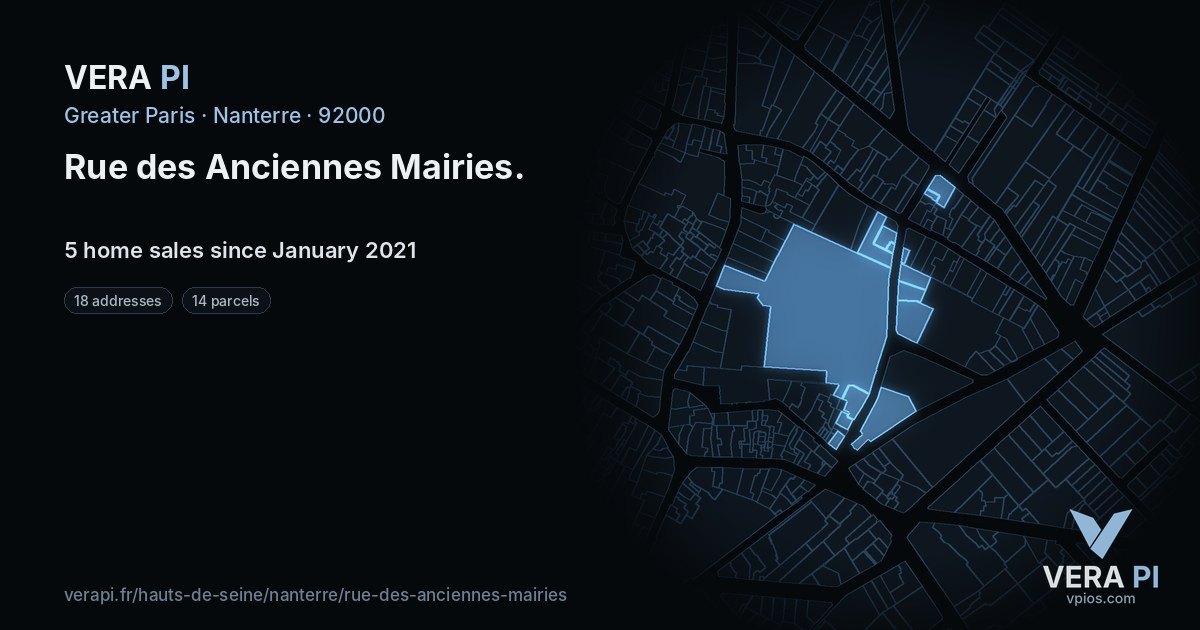 Rue des Anciennes Mairies, Nanterre at night – every parcel coloured by the prices around it, the street's own parcels lit
