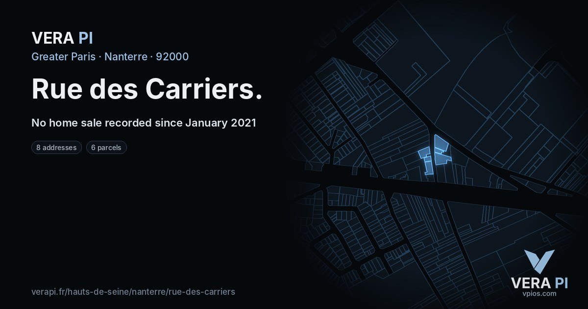 Rue des Carriers, Nanterre at night – every parcel coloured by the prices around it, the street's own parcels lit