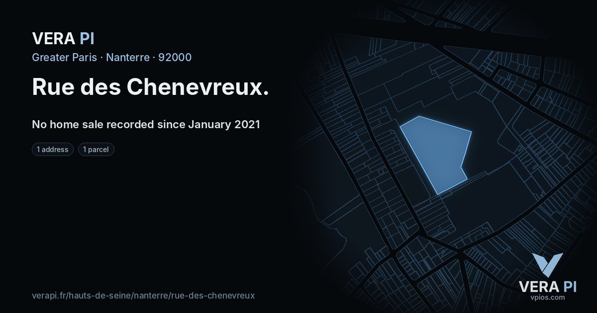 Rue des Chenevreux, Nanterre at night – every parcel coloured by the prices around it, the street's own parcels lit