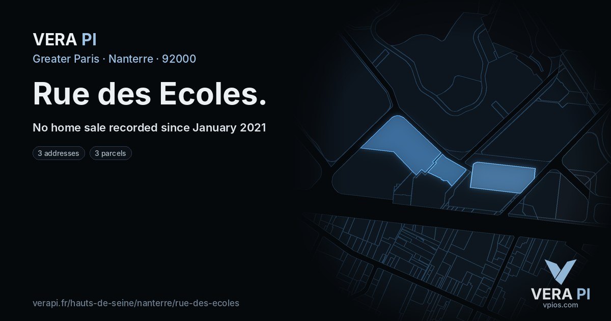 Rue des Ecoles, Nanterre at night – every parcel coloured by the prices around it, the street's own parcels lit