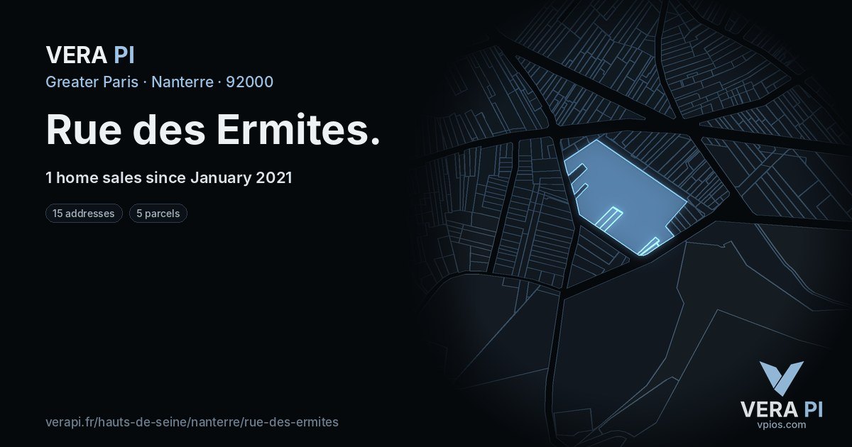 Rue des Ermites, Nanterre at night – every parcel coloured by the prices around it, the street's own parcels lit