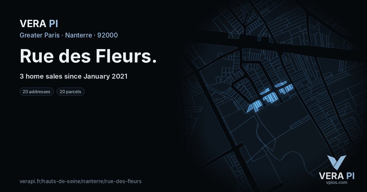 Rue des Fleurs, Nanterre at night – every parcel coloured by the prices around it, the street's own parcels lit