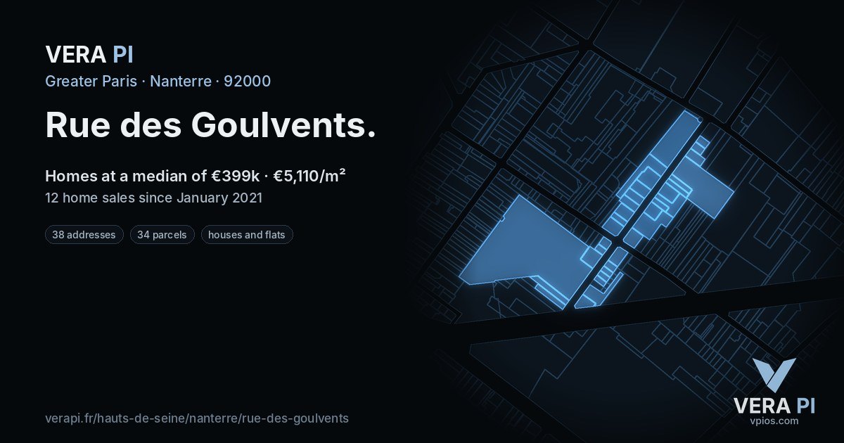 Rue des Goulvents, Nanterre at night – every parcel coloured by the prices around it, the street's own parcels lit
