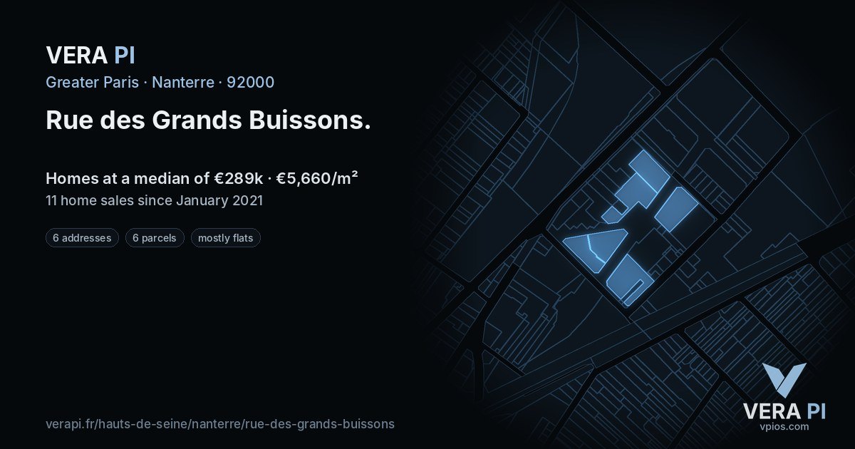 Rue des Grands Buissons, Nanterre at night – every parcel coloured by the prices around it, the street's own parcels lit