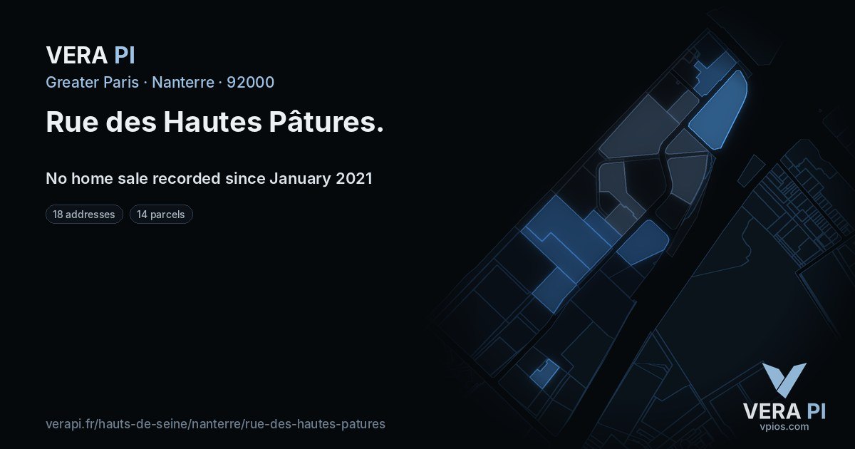 Rue des Hautes Pâtures, Nanterre at night – every parcel coloured by the prices around it, the street's own parcels lit