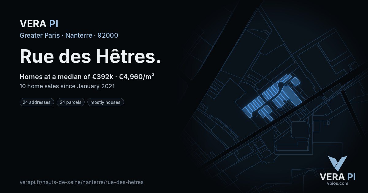 Rue des Hêtres, Nanterre at night – every parcel coloured by the prices around it, the street's own parcels lit