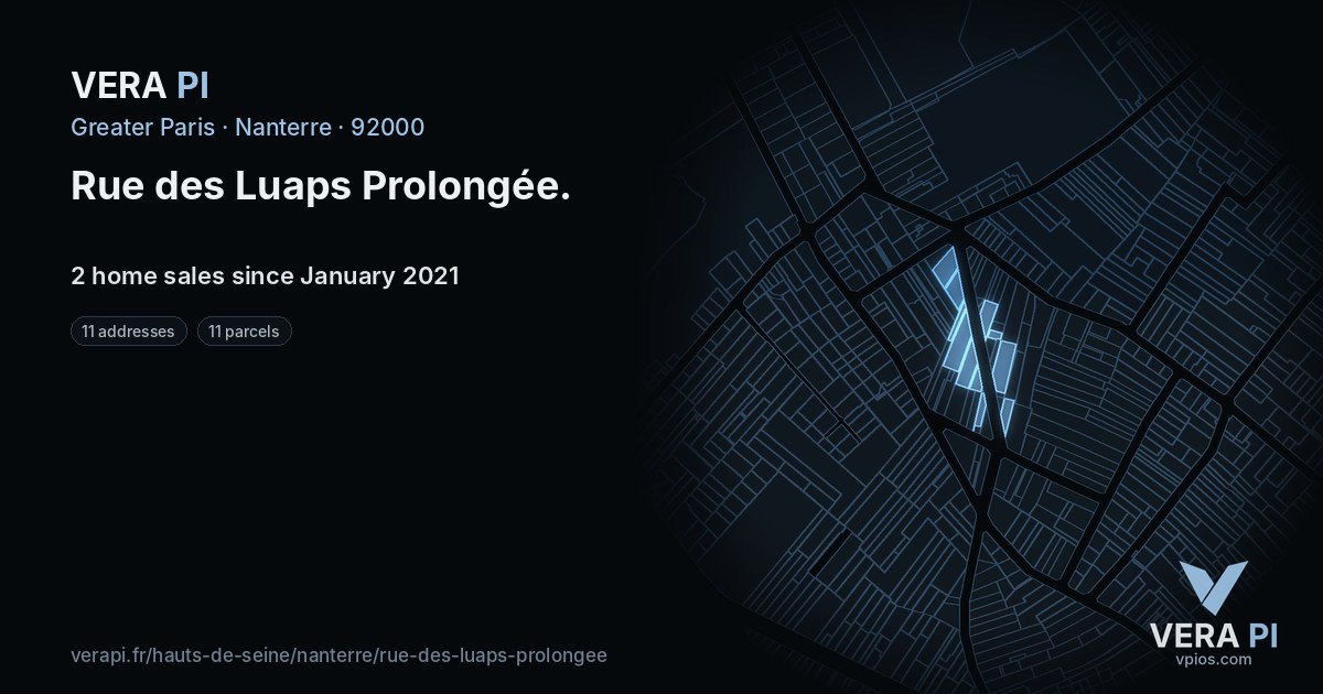 Rue des Luaps Prolongée, Nanterre at night – every parcel coloured by the prices around it, the street's own parcels lit