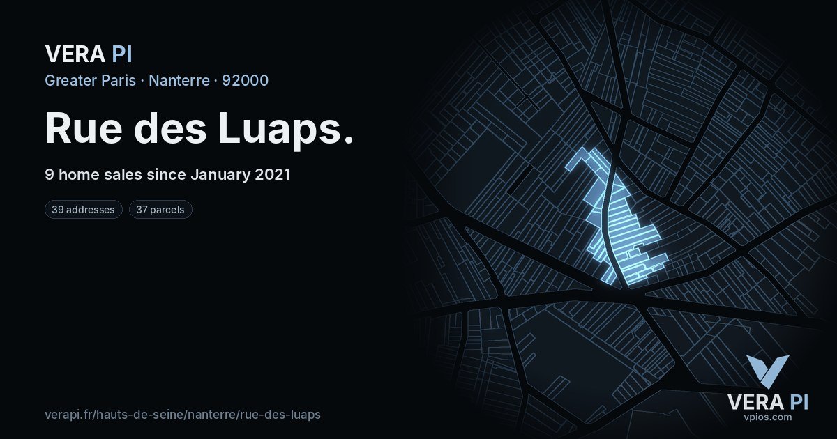 Rue des Luaps, Nanterre at night – every parcel coloured by the prices around it, the street's own parcels lit
