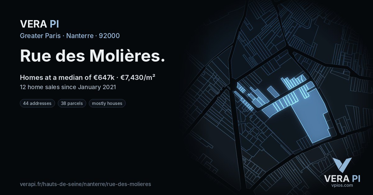 Rue des Molières, Nanterre at night – every parcel coloured by the prices around it, the street's own parcels lit