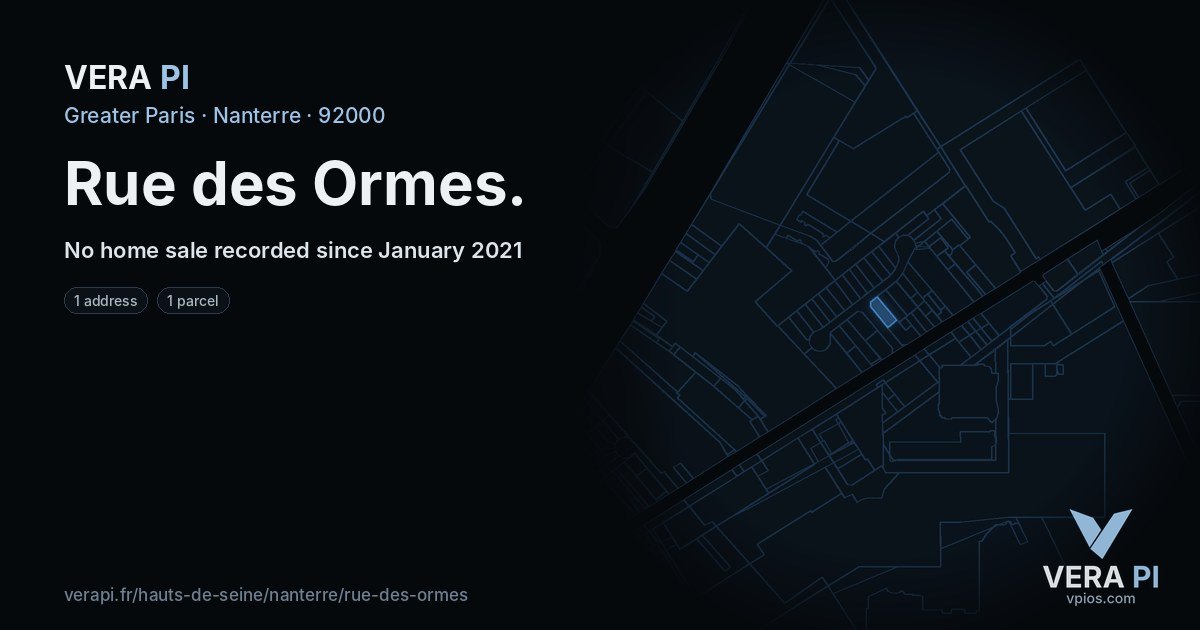 Rue des Ormes, Nanterre at night – every parcel coloured by the prices around it, the street's own parcels lit