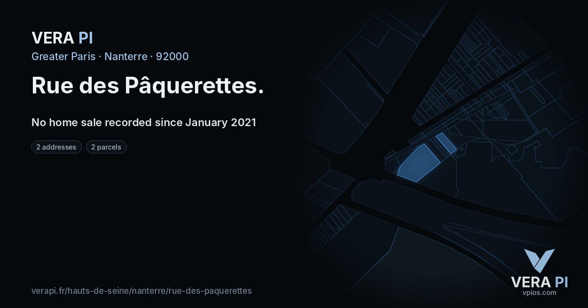 Rue des Pâquerettes, Nanterre at night – every parcel coloured by the prices around it, the street's own parcels lit