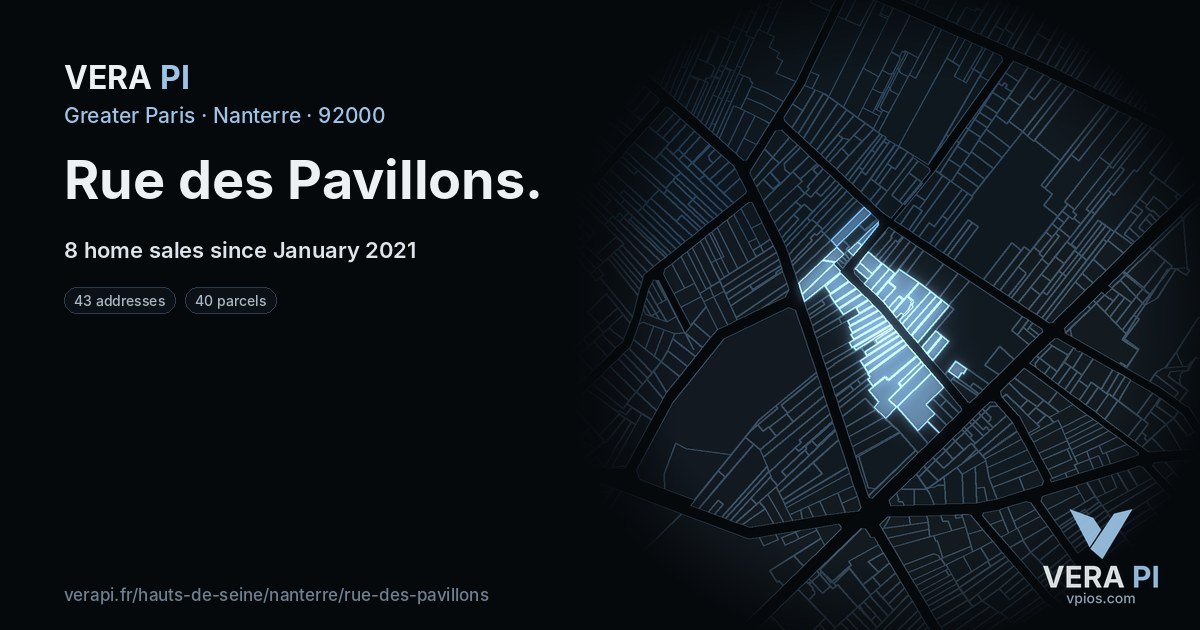 Rue des Pavillons, Nanterre at night – every parcel coloured by the prices around it, the street's own parcels lit