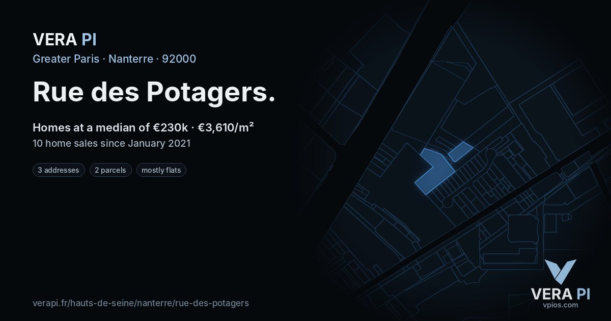 Rue des Potagers, Nanterre at night – every parcel coloured by the prices around it, the street's own parcels lit