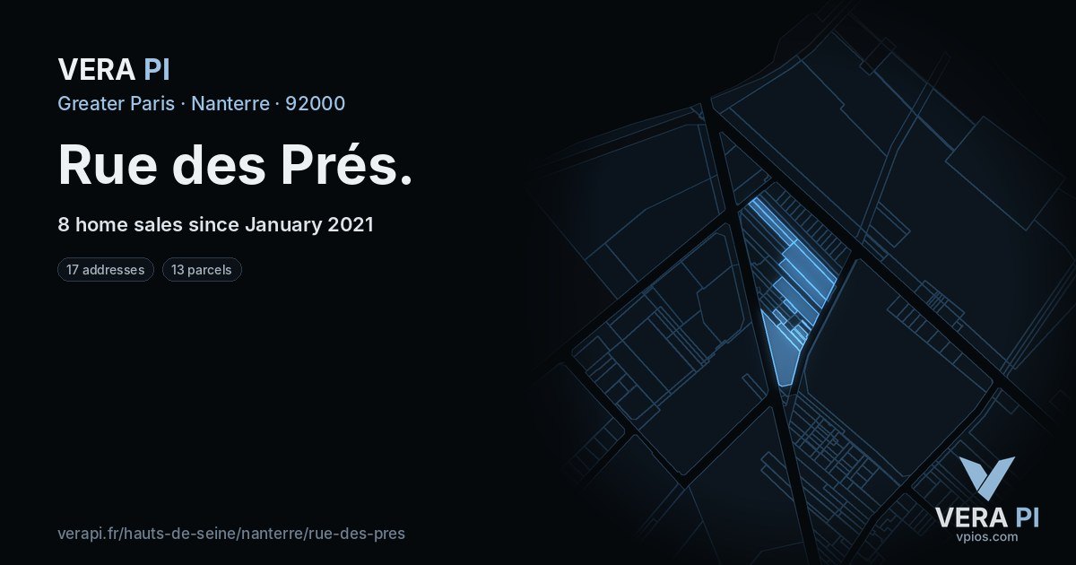 Rue des Prés, Nanterre at night – every parcel coloured by the prices around it, the street's own parcels lit