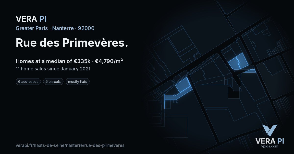 Rue des Primevères, Nanterre at night – every parcel coloured by the prices around it, the street's own parcels lit