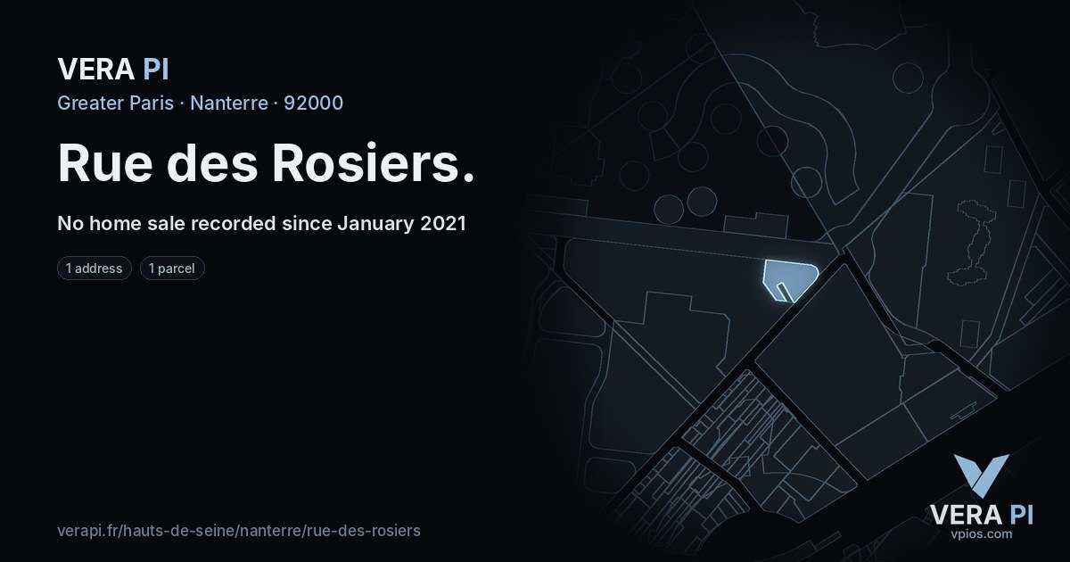 Rue des Rosiers, Nanterre at night – every parcel coloured by the prices around it, the street's own parcels lit