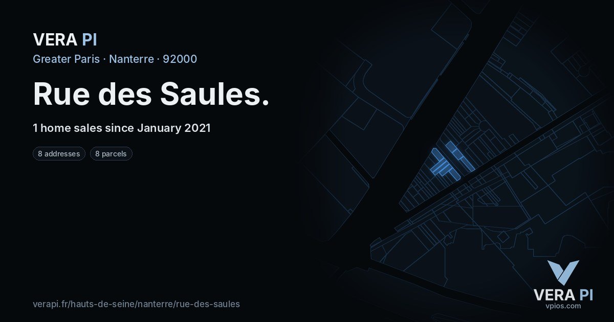 Rue des Saules, Nanterre at night – every parcel coloured by the prices around it, the street's own parcels lit