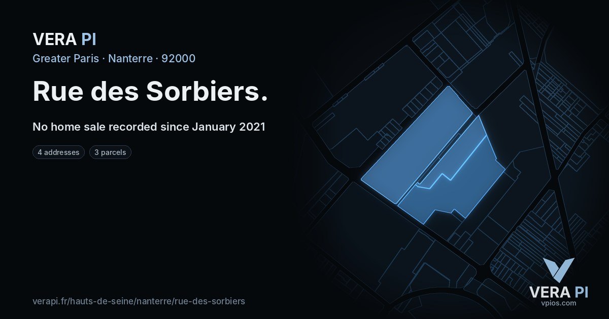 Rue des Sorbiers, Nanterre at night – every parcel coloured by the prices around it, the street's own parcels lit