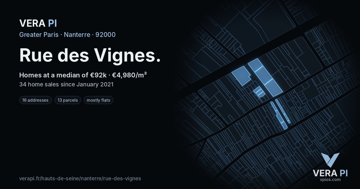Rue des Vignes, Nanterre at night – every parcel coloured by the prices around it, the street's own parcels lit