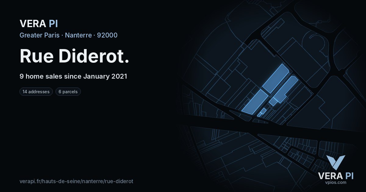Rue Diderot, Nanterre at night – every parcel coloured by the prices around it, the street's own parcels lit