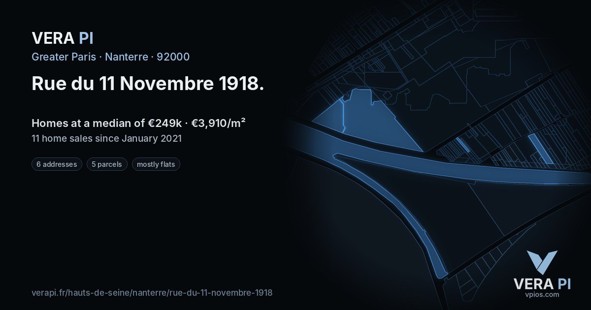 Rue du 11 Novembre 1918, Nanterre at night – every parcel coloured by the prices around it, the street's own parcels lit