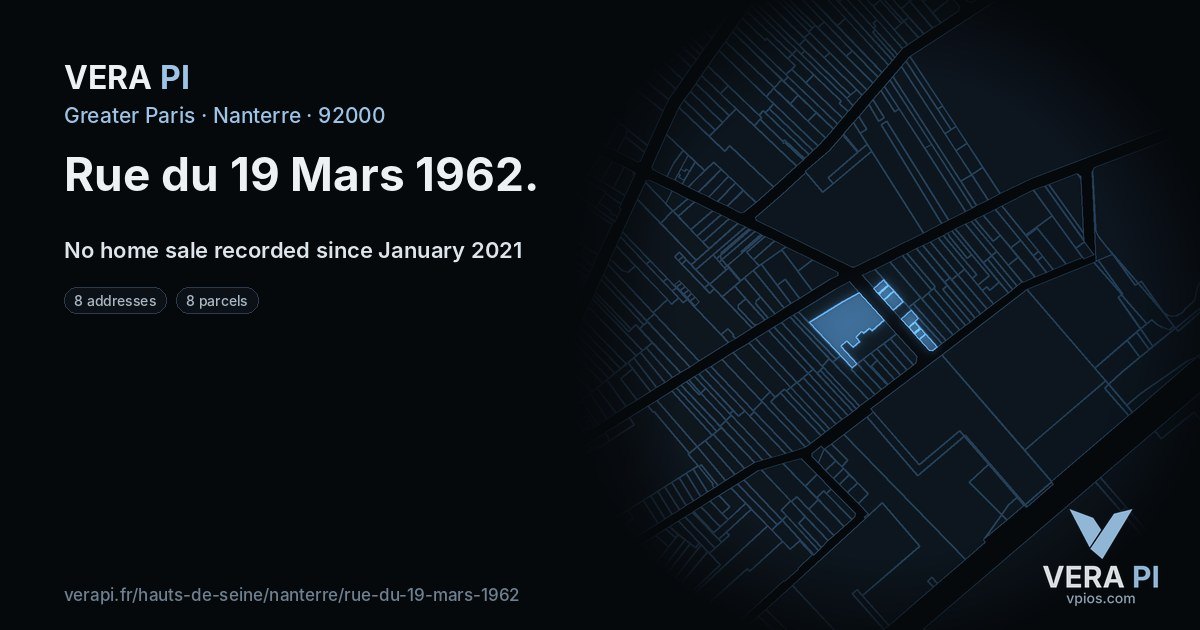 Rue du 19 Mars 1962, Nanterre at night – every parcel coloured by the prices around it, the street's own parcels lit