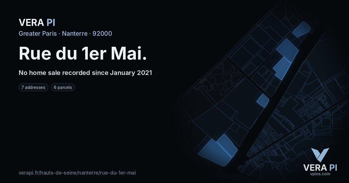 Rue du 1er Mai, Nanterre at night – every parcel coloured by the prices around it, the street's own parcels lit
