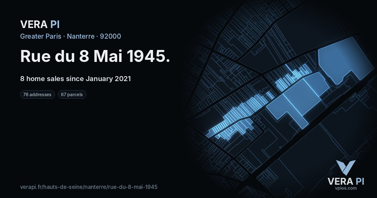 Rue du 8 Mai 1945, Nanterre at night – every parcel coloured by the prices around it, the street's own parcels lit