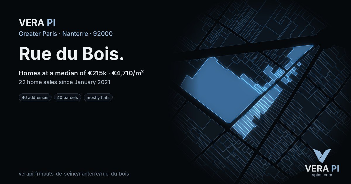 Rue du Bois, Nanterre at night – every parcel coloured by the prices around it, the street's own parcels lit